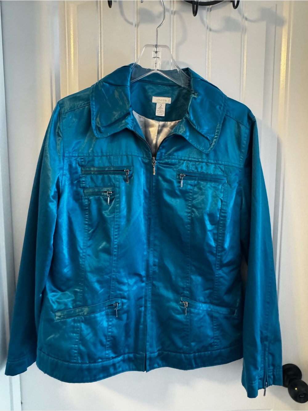Chico’s Teal Satin Utility Jacket Size 2 L Zip Pockets Lightweight